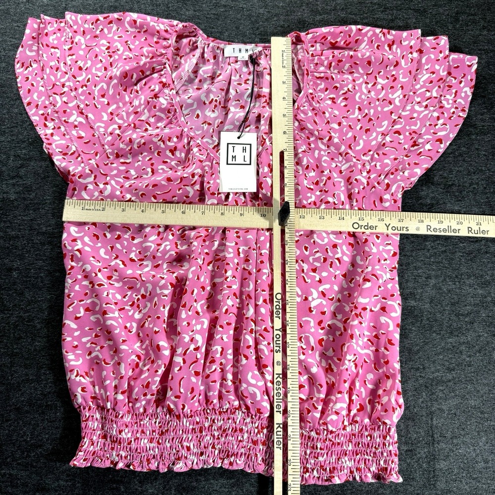 THML Blouse Women Medium Pink Hearts Ruffle Smocked Waist Whimsical Romantic - Picture 4 of 7
